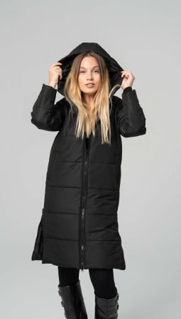 GECI, VESTE - Geacă de dama TORA lungă matlasată , cu glugă și fermoare laterale,neagra