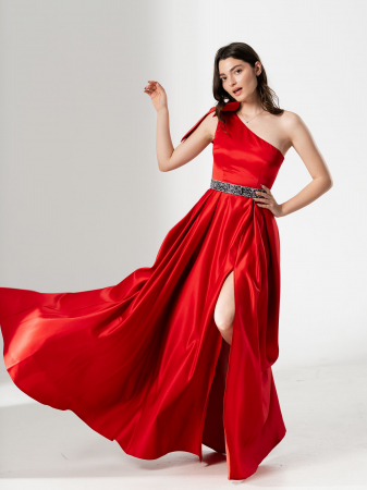 ROCHII ELEGANTE - Rochie lunga AURA, din tafta cu funda pe umar