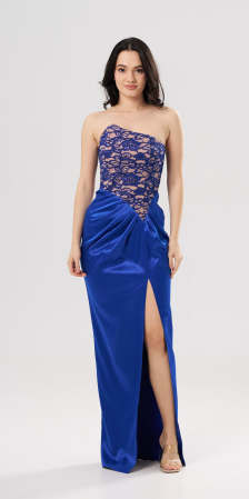 ROCHII OCAZIE - Rochie lungă elegantă CAMI cu bust din dantelă tip corset și șliț frontal,albastra