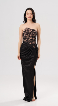 ROCHII OCAZIE - Rochie lungă elegantă CAMI cu bust din dantelă tip corset și șliț frontal,neagra