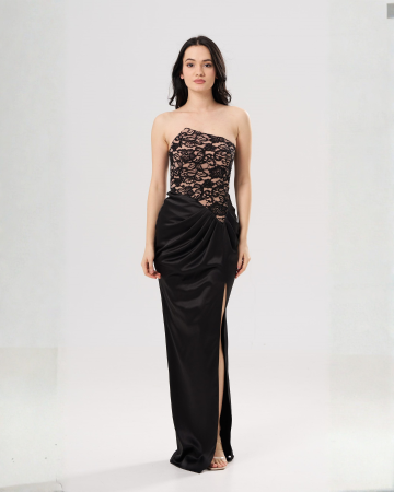 ROCHII OCAZIE - Rochie lungă elegantă CAMI cu bust din dantelă tip corset și șliț frontal,neagra