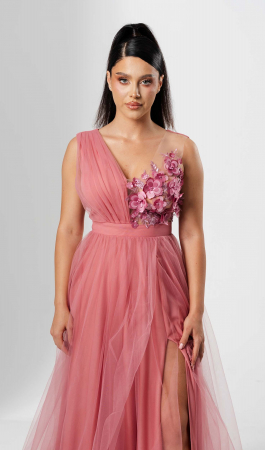 Rochie lunga FLORI, din tulle, cu aplicatii florale 3D pe bust [2]