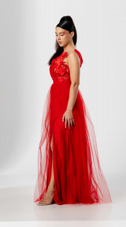 Rochie lunga FLORI, din tulle, cu aplicatii florale 3D pe bust [2]