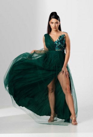 Rochie lunga FLORI, din tulle, cu aplicatii florale 3D pe bust [1]