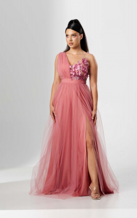 ROCHII LUNGI - Rochie lunga FLORI, din tulle, cu aplicatii florale 3D pe bust