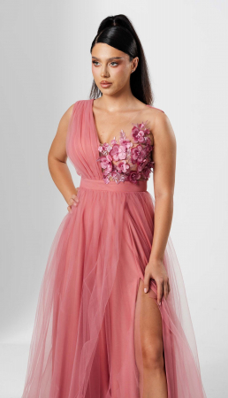 Rochie lunga FLORI, din tulle, cu aplicatii florale 3D pe bust [3]