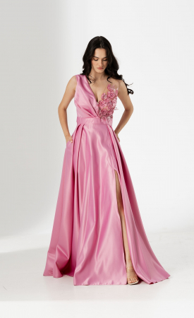 ROCHII ELEGANTE - Rochie lunga TORA, din tafta, cu flori 3D aplicate