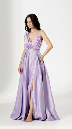 ROCHII ELEGANTE - Rochie lunga TORA, din tafta, cu flori 3D aplicate