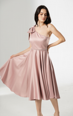 Rochie midi, AMARA, cu funda pe umar si accesoriu lucios in talie [2]