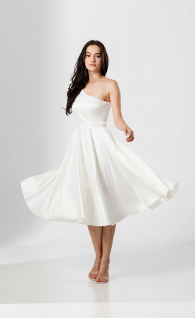 Rochie midi, AMARA, pe un umăr, cu funda , croială cloș si talie accesorizata [3]