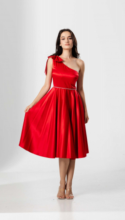 ROCHII MIDI - Rochie midi, AMARA, pe un umăr, cu funda , croială cloș si talie accesorizata