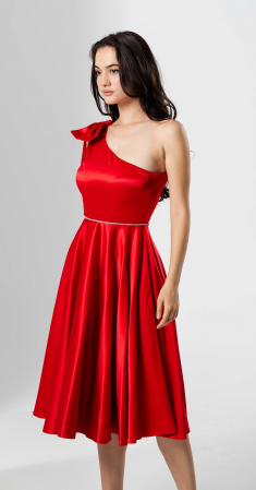 Rochie midi, AMARA, pe un umăr, cu funda , croială cloș si talie accesorizata [4]