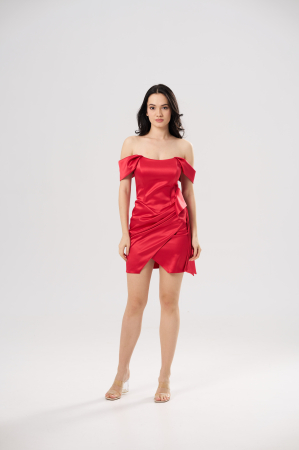 ROCHII OCAZIE - Rochie scurtă elegantă AMIRA cu bust tip corset, umeri căzuți și fusta drapata, rosu