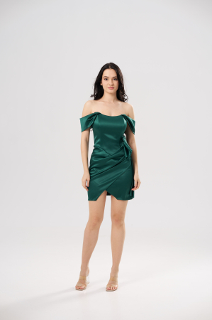 ROCHII OCAZIE - Rochie scurtă elegantă AMIRA cu bust tip corset, umeri căzuți și fusta drapata, verde