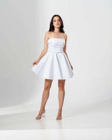 ROCHII CUNUNIE - Rochie scurta EMILIA,cu bust tip corset, croiala in A  si snur lucios in talie
