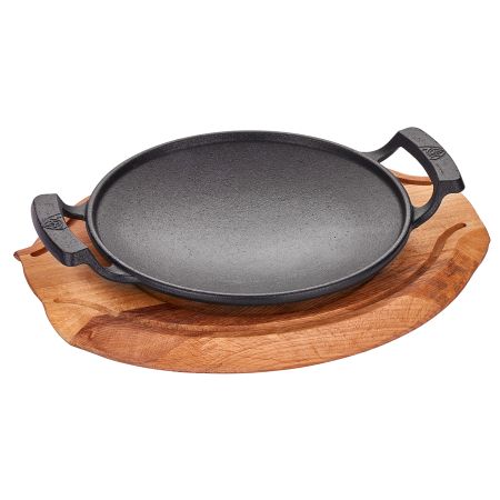 Platouri de Fonta - Tigaie Wok din Fonta, Suport de Lemn, Diametru 24cm