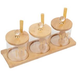 Articole Bucatarie - Set 3 recipiente cu suport de lemn și cristale