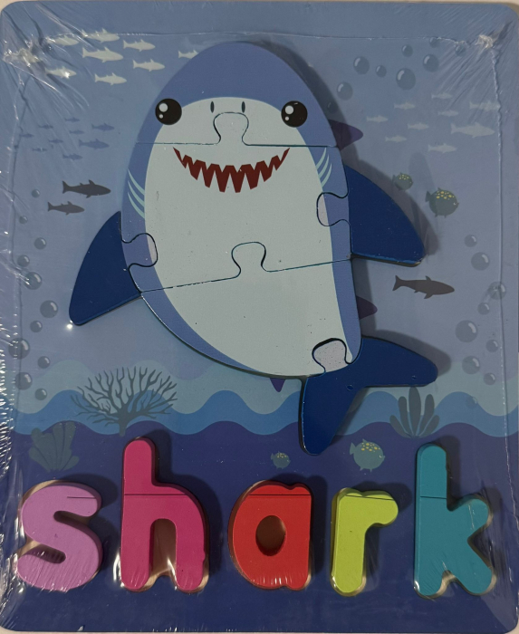 Puzzle din Lemn - Rechin Drăguț + Litere Colorate „SHARK” [1]