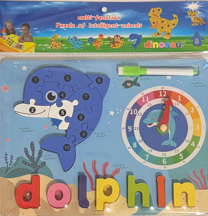 Puzzle Educațional 2 în 1 din Lemn 30x22 cm – Delfin și Ceas [1]