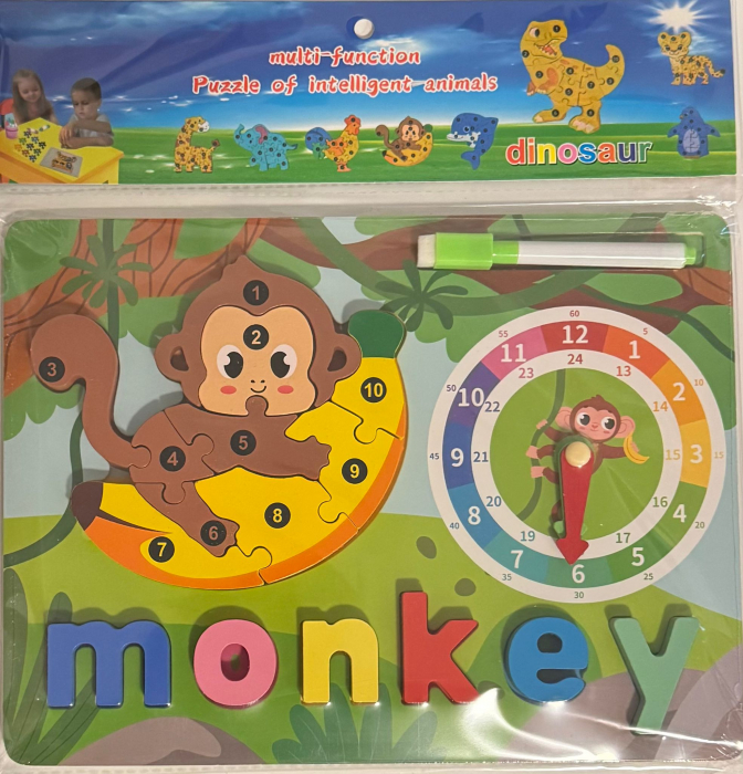 Puzzle Educațional 2 în 1 din Lemn 30x22 cm – Maimuțică și Ceas - Multifuncțional [1]