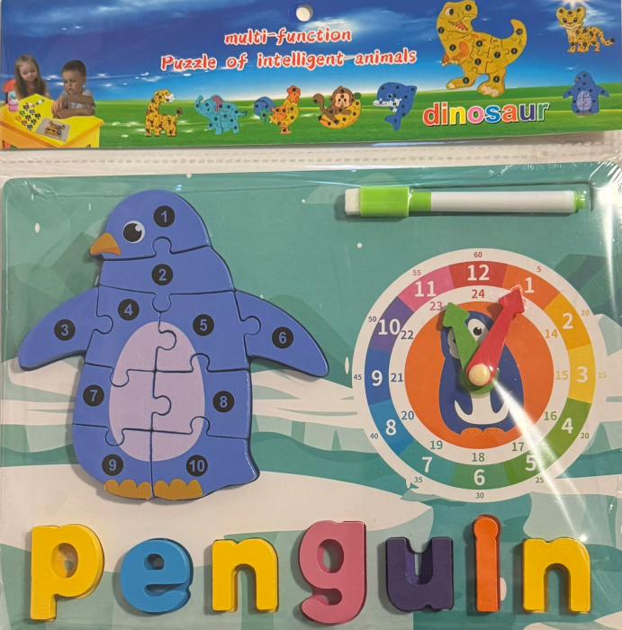 Puzzle Educațional 2 în 1 din Lemn 30x22 cm – Pinguin și Ceas [1]