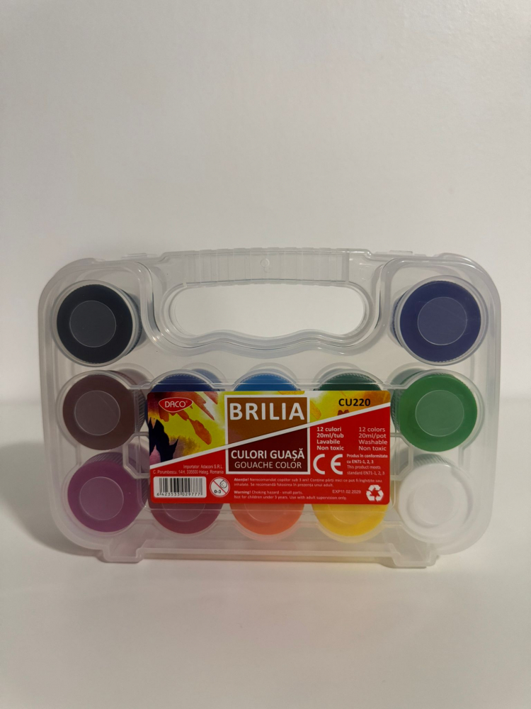 Set culori guașă BRILIA, 12 culori, 20 ml/tub, lavabile, non-toxice, cu cutie de plastic [2]