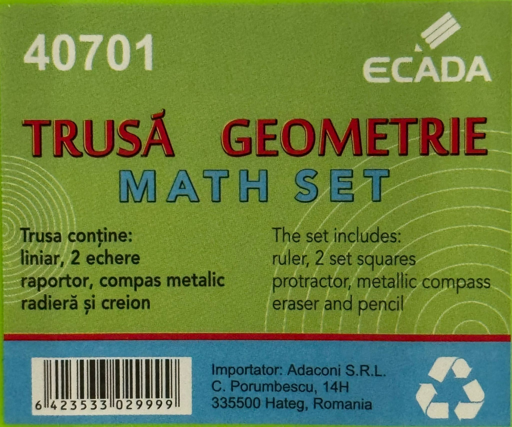 Set geometrie ECADA, 8 piese, cu compas, riglă, raportor, echer, creion, radieră, cutie plastic, albastru/verde [3]