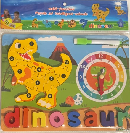 Jucarii Educative - Puzzle Educațional 2 în 1 din Lemn 30x22 cm – Dinozaur & Ceas-Multifuncțional