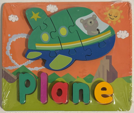 Puzzle din Lemn - Avion cu Ursuleț + Litere „PLANE”