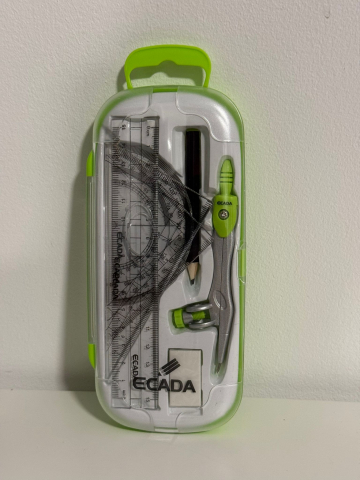 Papetărie - Set geometrie ECADA, 8 piese, cu compas, riglă, raportor, echer, creion, radieră, cutie plastic, albastru/verde