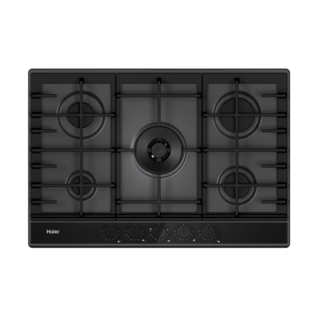 Haier HAVG5D4TB – Plită incorporabilă pe gaz, 5 arzătoare, suport fontă, 75 cm, sticlă neagră [1]