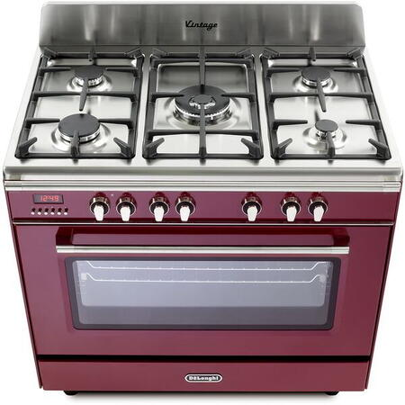 Aragaz profesional De’Longhi MEM 965 RX ED RO – 90 cm, plită pe gaz cu 5 arzătoare + cuptor electric multifuncţional, culoare roșu Bordeaux/Inox. [2]