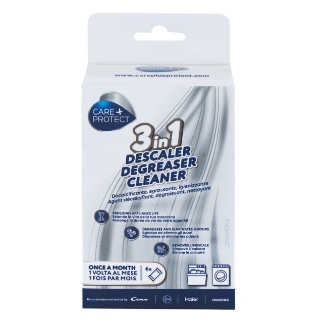 Care+Protect CPP0650DW — decalcifiant/degresaant 3-în-1 pentru maşini de spălat rufe și vase, ambalaj de 6 plicuri × 50 g [1]
