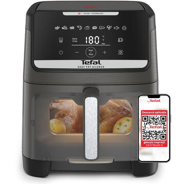 Aparate de gătit - Friteuză cu aer cald Tefal Easy Fry Silence EY846HE0, 1800W, 7L - Air fryer cu 10 programe automate, ecran LCD, silențioasă, tehnologie Extra Crisp, oprire automată, gri