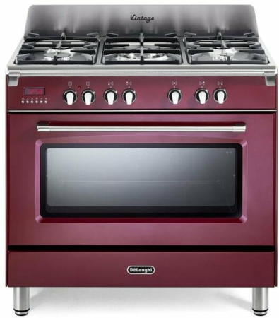 Aparate pentru gatit - Aragaz profesional De’Longhi MEM 965 RX ED RO – 90 cm, plită pe gaz cu 5 arzătoare + cuptor electric multifuncţional, culoare roșu Bordeaux/Inox.