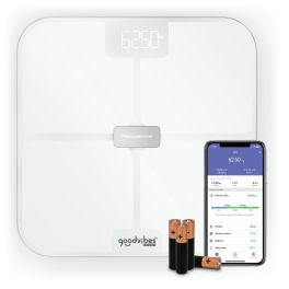 Îngrijire personală - Cantar inteligent Tefal Goodvibes Sport BM9740F0, greutate maxima 200 kg, 17 indicatori de masurare, sincronizare cu aplicatia Google Fit, Apple Health si/sau Fitbit, sticla securizata tratata termic, ecran LCD, 4 baterii incluse, alb