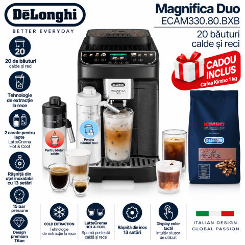 Espressoare independente - DeLonghi Magnifica Duo ECAM330.80.BXB + Cadou Cafea Kimbo 1 kg
