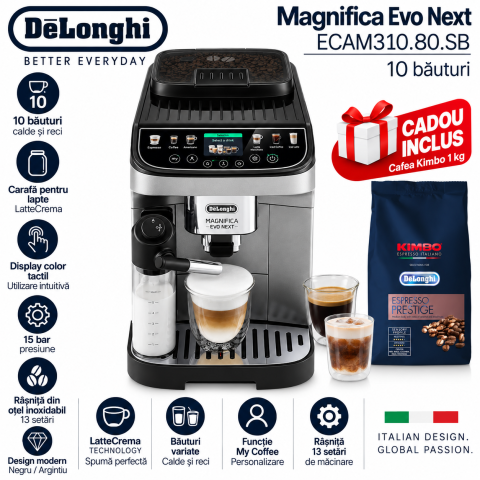 Aparate pentru cafea si espresso - DeLonghi Magnifica Evo Next ECAM310.80.SB + Cadou Cafea Kimbo 1 kg