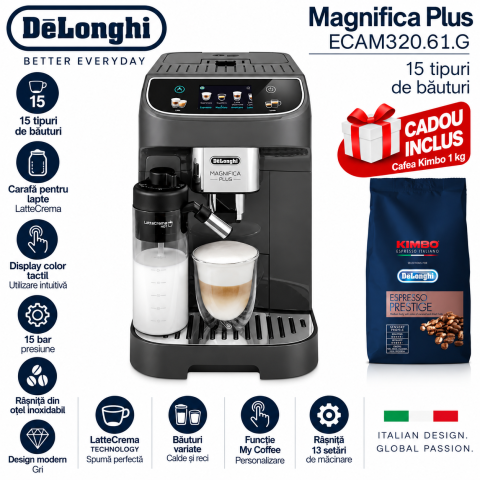 Aparate pentru cafea si espresso - DeLonghi Magnifica Plus ECAM320.61.G Gri + Cadou Cafea Kimbo 1 kg