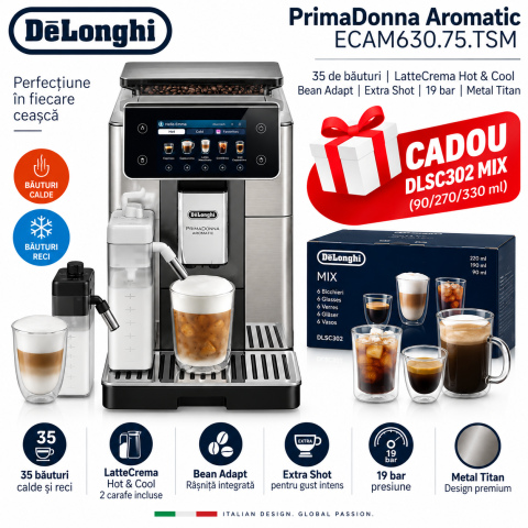 Espressoare independente - Espressor DeLonghi PrimaDonna Aromatic ECAM630.75.TSM + Cadou DLSC302