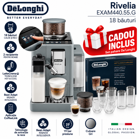 Espressoare independente - DeLonghi Rivelia EXAM440.55.G Gri + Cadou set pahare