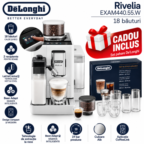 Espressoare independente - DeLonghi Rivelia EXAM440.55.W Alb + Cadou set pahare