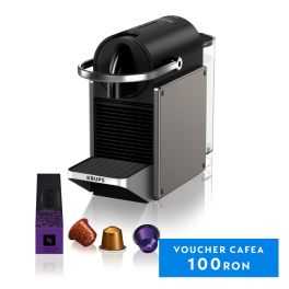 Espressoare cu capsule NESPRESSO - Espressor Nespresso Krups Pixie Titan XN306T10, 1260W, 19 bari, 0.7L, funcție oprire automată, negru & gri