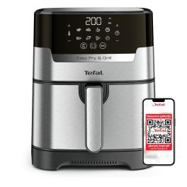 Aparate de gătit - Friteuză cu aer cald Tefal Easy Fry&Grill 2in1 EY505D15, 1400W, 4.2L - Air fryer cu 8 programe, funcție grill cu grătar încorporat, funcție deshidratare, tehnologie Extra Crisp, vas detașabil, Negru/argintiu