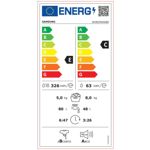 Mașină de spălat rufe cu uscător Samsung WD80TA046BE/LE, albă, 8 kg spălare, 5 kg uscare [2]