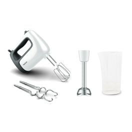Prepararea alimentelor - Mixer de mână Prep'Mix HT462138, 500 W, 5 trepte de viteză, funcție Turbo, 2 teluri, 2 cârlige, picior pasator, pahar gradat, alb