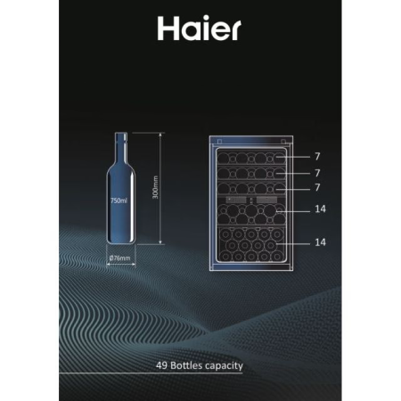 Racitor de vinuri Haier, Clasa energetica: F (0.369 Kwh/zi)   -   Volum net (litri): 118 - Capacitate: 49 sticleRafturi din lemn (4+1), afi?aj LED, iluminat cu LED 3D, senzor de umiditate Protectie UV [1]