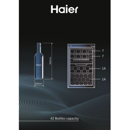 Racitor de vinuri Haier, Clasa energetica: G (0.37 Kwh/zi)   -   Volum net (litri): 112 - Capacitate: 42 sticle - Racire 2 ZoneRafturi din lemn (4+1), afi?aj LED, iluminat cu LED 3D, senzor de umidita [1]