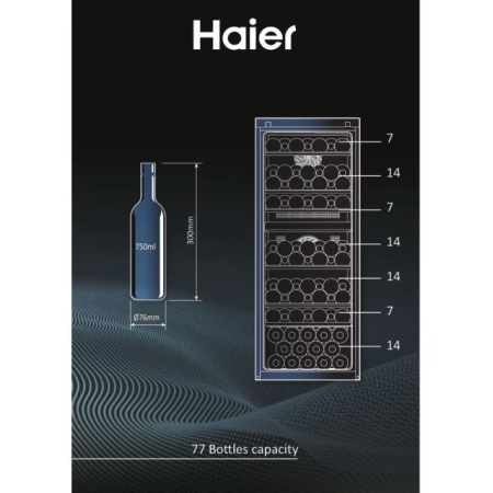 Racitor de vinuri Haier, Clasa energetica: G (0.416 Kwh/zi)   -   Volum net (litri): 192 - Capacitate: 77 sticle - Racire 2 ZoneRafturi din lemn (6+1), afi?aj LED, iluminat cu LED 3D, senzor de umidit [1]