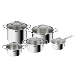 Articole de bucătărie - Set 10 piese Tefal Intuition B864SA74, cratiță cu mâner de 16 cm, cratițe și oale cu mânere 18/20/22/24 cm, oțel inoxidabil, inducție, 5 capace de sticlă
